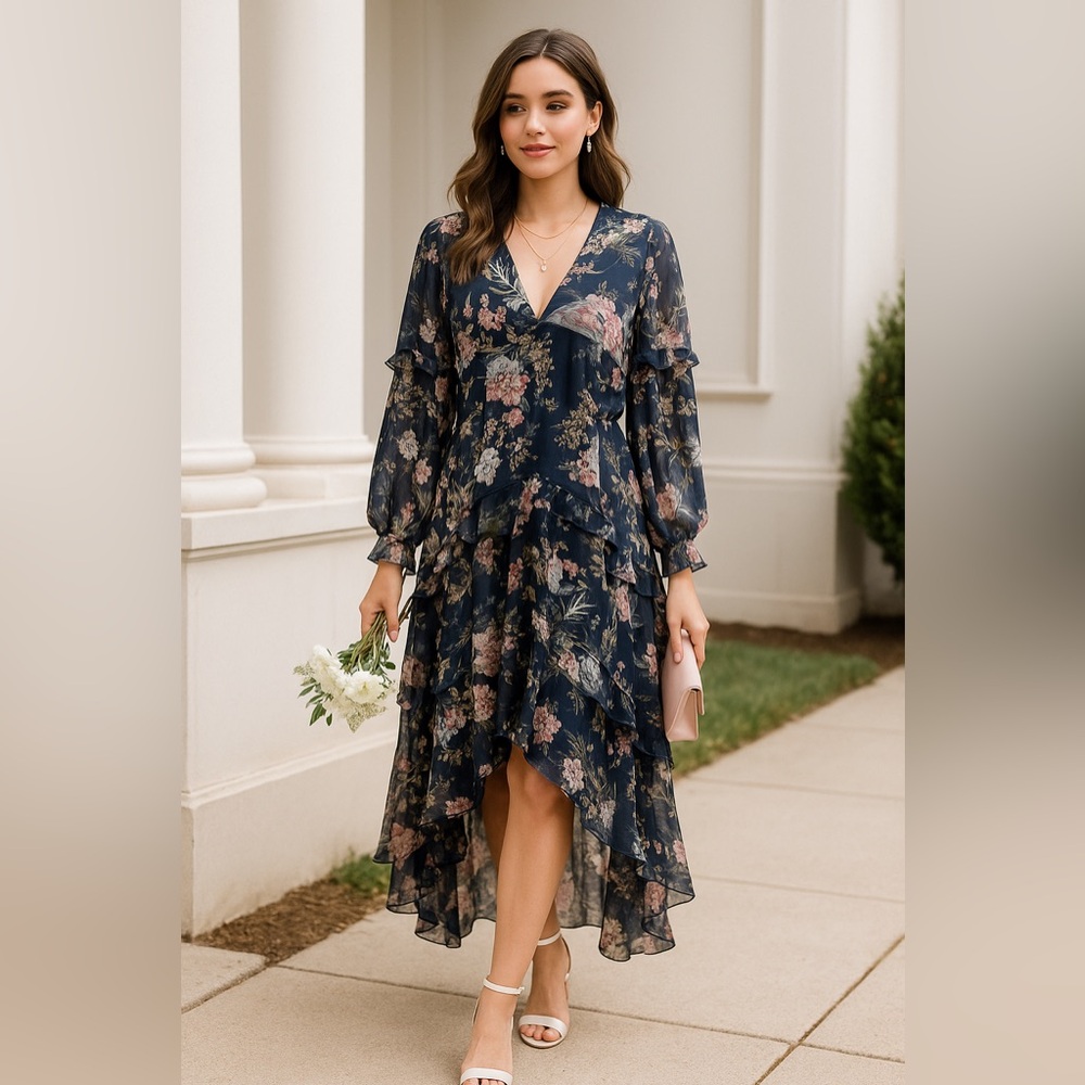 ASOS Navy Floral Asymmetrical Dress